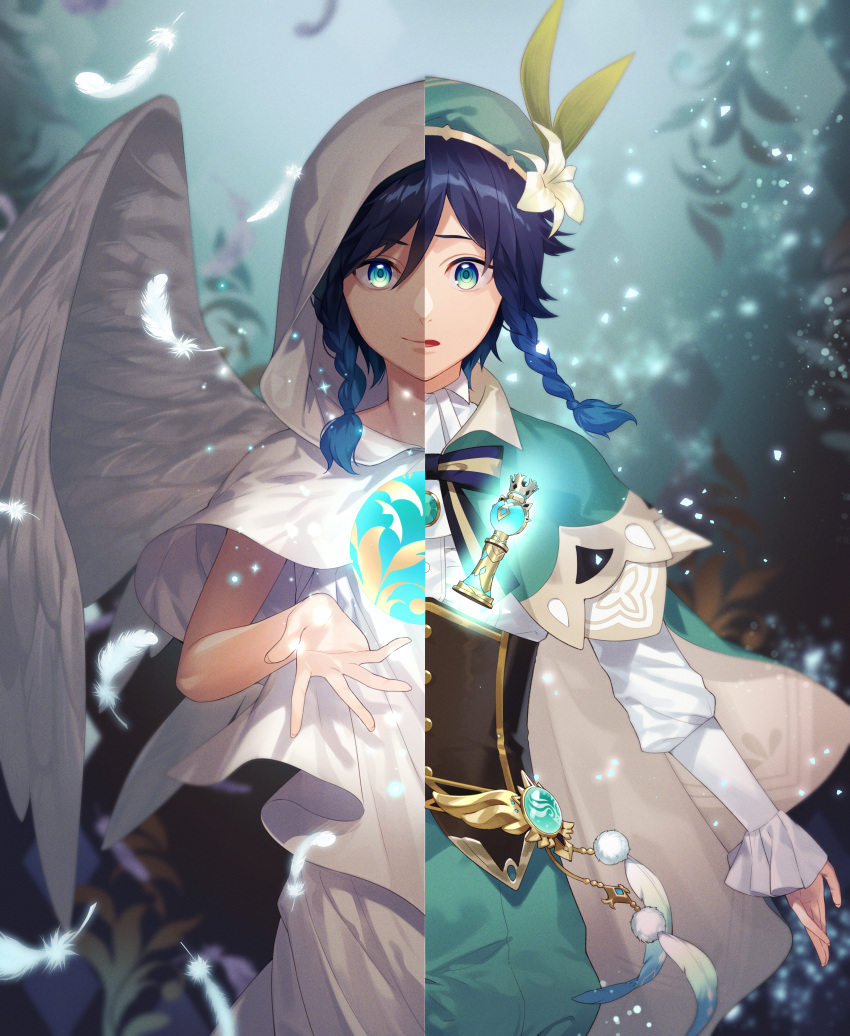 1boy, absurdres, bangs, black_hair, blue_eyes, blue_hair, blurry, blurry_background
