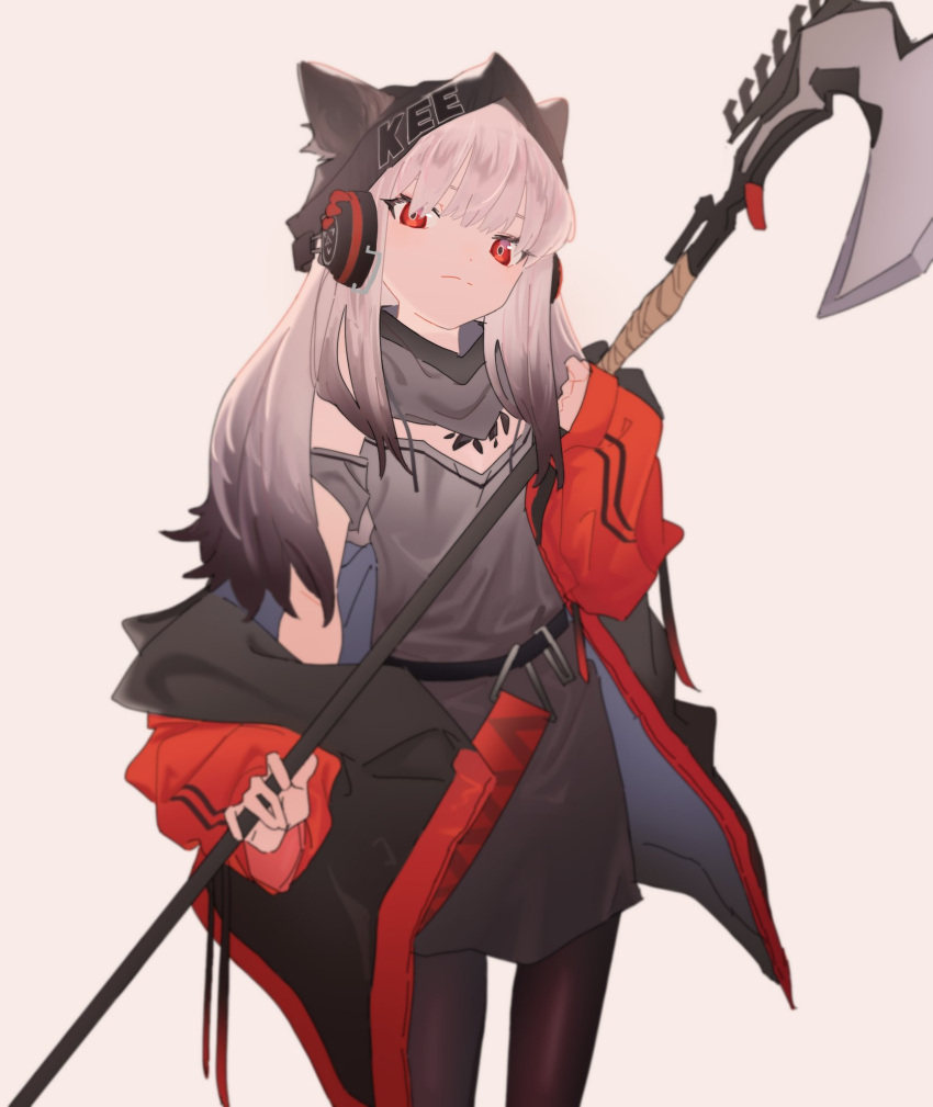 1girl, animal_ears, arknights, black_hair, black_headwear, black_jacket, black_legwear, closed_mouth