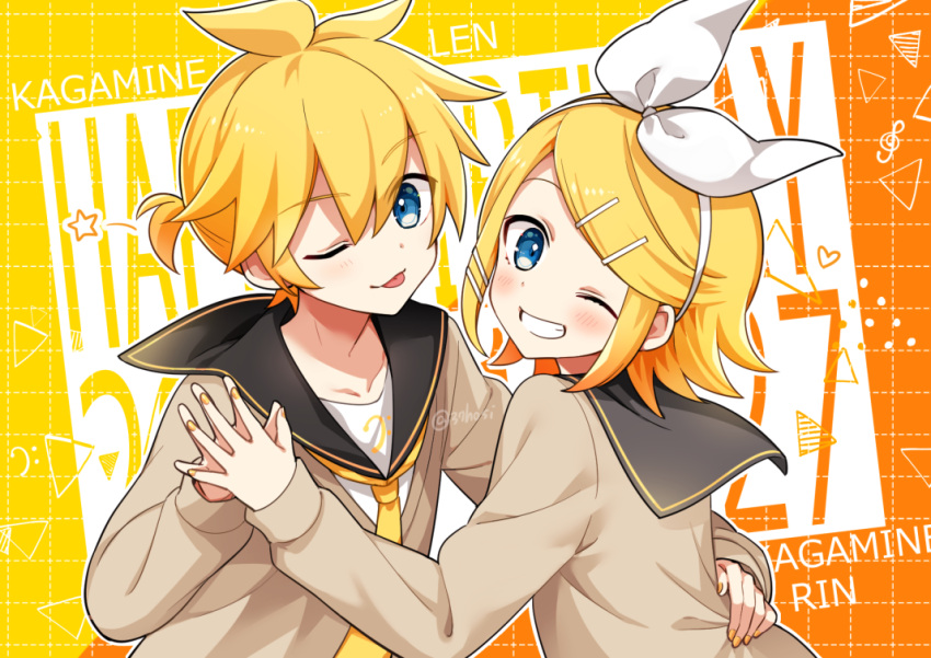 1boy, 1girl, :d, :p, bangs, bass_clef, birthday, black_collar, blonde_hair, blue_eyes, bow, brown_sweater, character_name, collar, commentary, grey_collar, grid_background, grin, hair_bow, hair_ornament, hairclip, hand_on_another's_waist, hands_together, happy_birthday, heart, kagamine_len, kagamine_rin, looking_at_viewer, minahoshi_taichi, necktie, one_eye_closed, open_mouth, sailor_collar, school_uniform, shirt, short_hair, short_ponytail, smile, spiky_hair, star_(symbol), sweater, swept_bangs, tongue, tongue_out, treble_clef, triangle, twitter_username, upper_body, vocaloid, white_bow, white_shirt, yellow_neckwear