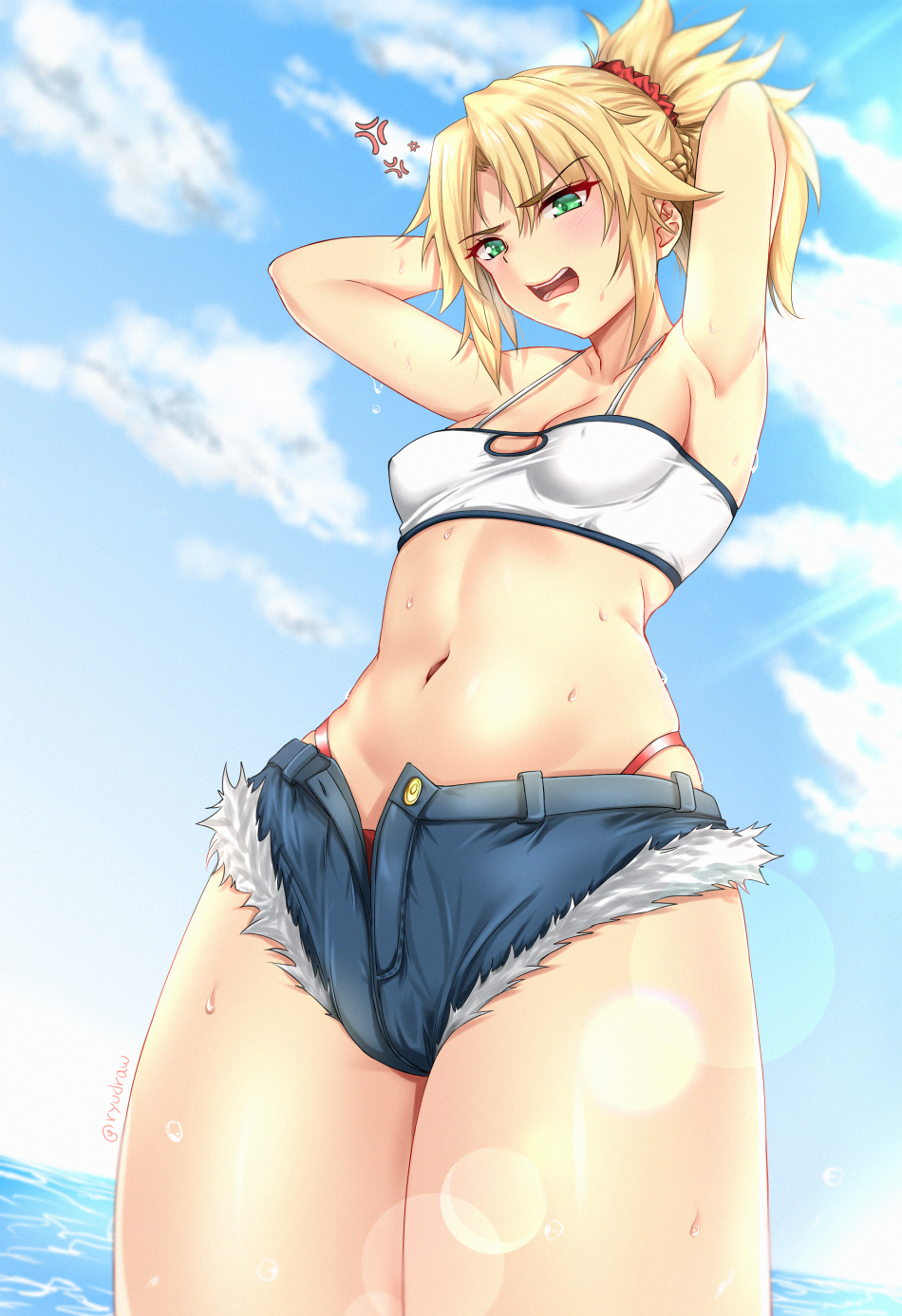 1girl, anger_vein, arms_behind_head, bangs, blonde_hair, blush, braid, breasts, clouds, cloudy_sky, eyebrows_visible_through_hair, fate/apocrypha, fate/grand_order, fate_(series), flare, fur, fur-trimmed_shorts, fur_trim, furrowed_eyebrows, green_eyes, hair_ornament, hair_scrunchie, hands_up, highres, long_hair, mordred_(fate), mordred_(fate)_(all), navel, open_mouth, ponytail, red_scrunchie, ryudraw, scrunchie, shorts, sky, small_breasts, solo, underwear, underwear_peek, water