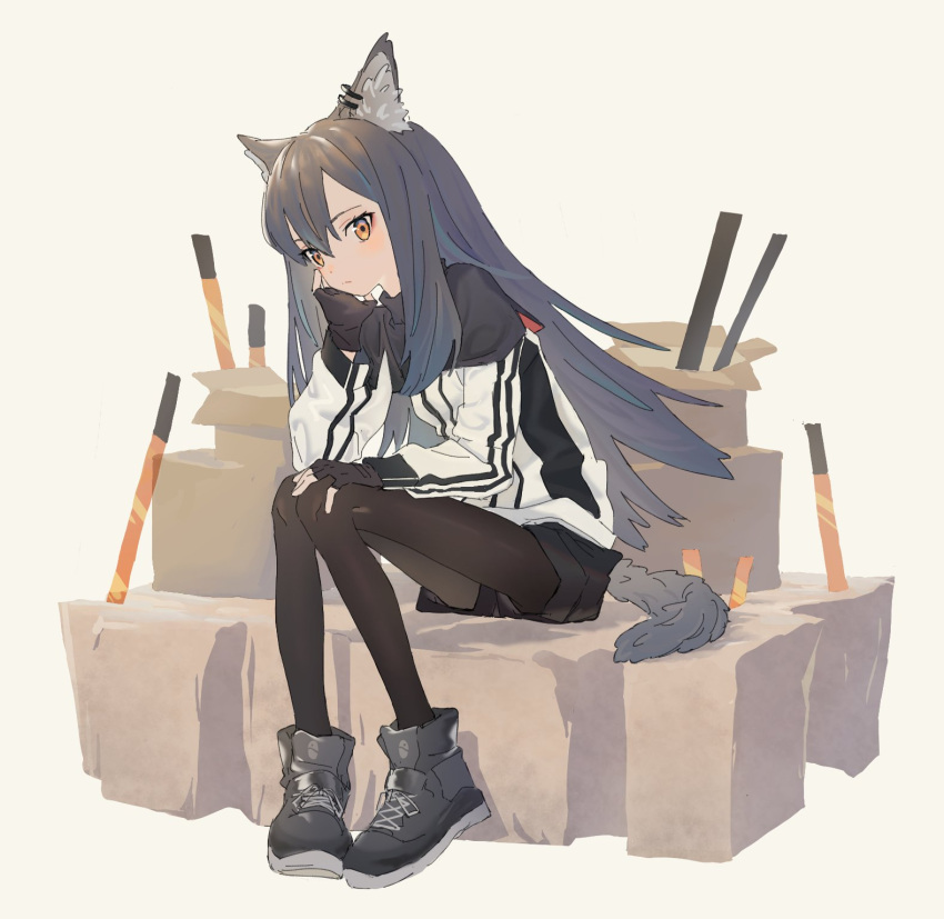1girl, animal_ear_fluff, animal_ears, arknights, black_capelet, black_footwear, black_gloves, black_hair