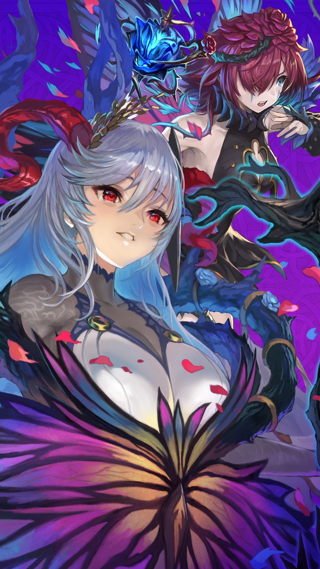 2girls, bangs, black_sleeves, blue_eyes, breasts, cleavage_cutout, clothing_cutout, detached_sleeves, facial_mark, fire_emblem, fire_emblem_heroes, flower, freyja_(fire_emblem), hair_between_eyes, hair_flower, hair_ornament, hair_over_one_eye, highres, horns, long_sleeves, medium_breasts, multiple_girls, open_mouth, red_eyes, red_flower, redhead, shiny, shiny_hair, short_hair, silver_hair, triandra_(fire_emblem), yoshiku_(oden-usagi)