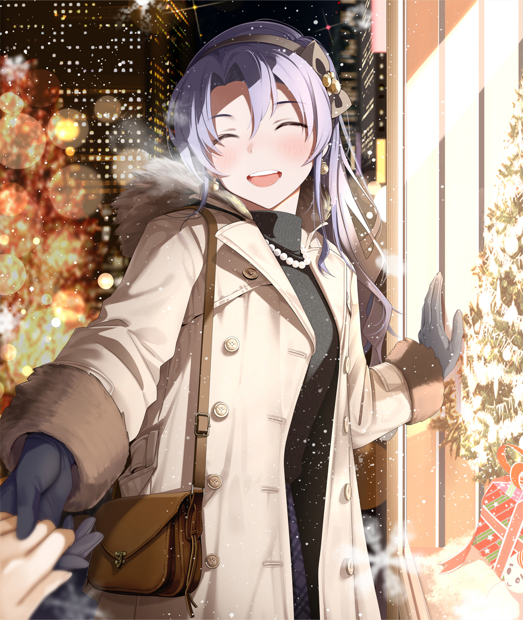 1girl, :d, bag, bangs, beige_coat, black_bow, black_gloves, black_sweater