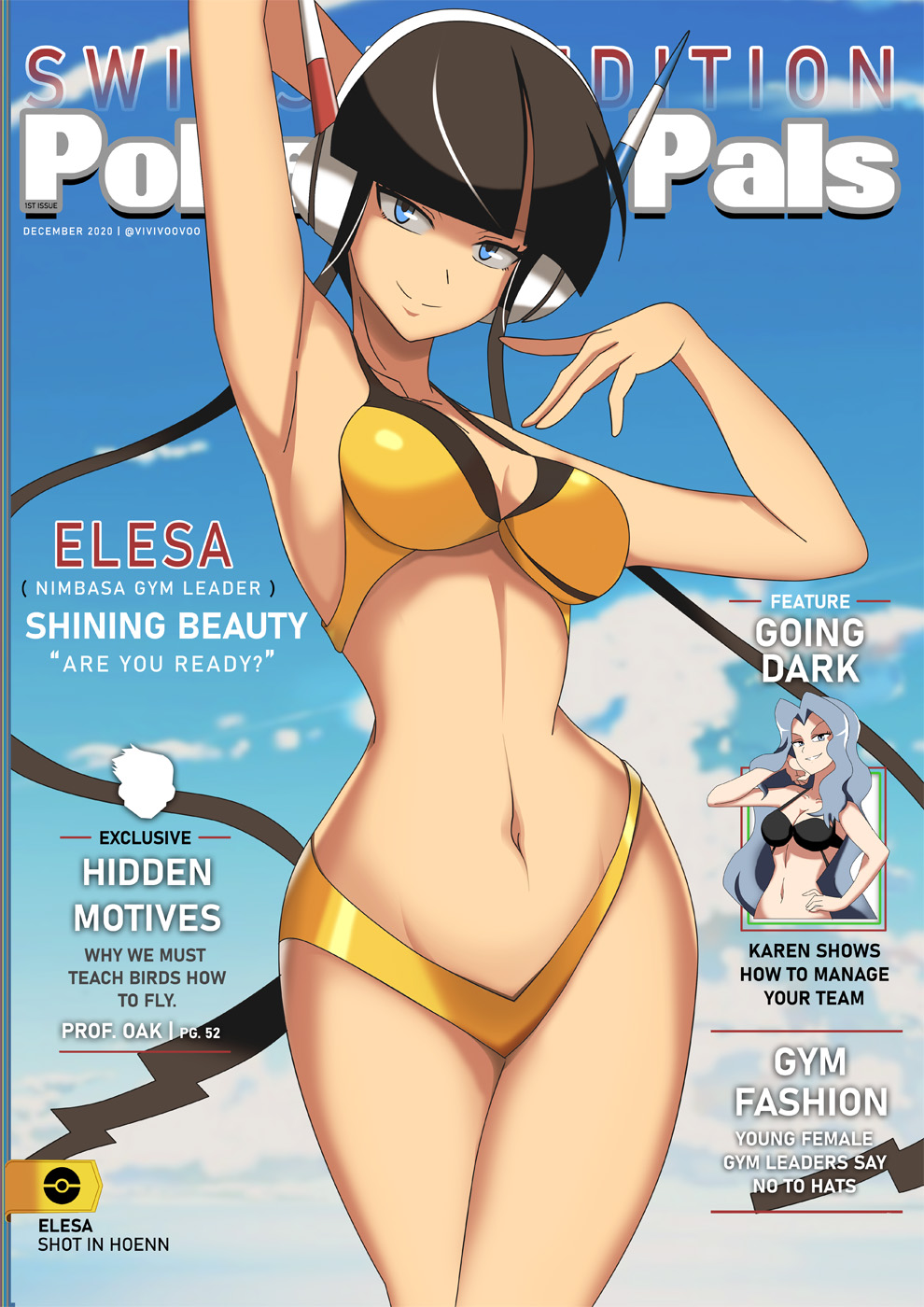 2girls, beach, bikini, black_hair, blue_eyes, elesa_(pokemon), grey_eyes, grey_har