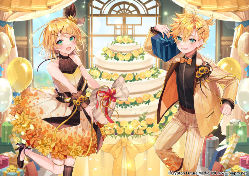 1boy, 1girl, aqua_eyes, armlet, bag, balloon, bangs, bare_shoulders, birthday, birthday_cake, black_bow, black_shirt, blonde_hair, bow, bowtie, box, cake, carrying_over_shoulder, crypton_future_media, curtains, day, dress, dress_flower, food, formal, fruit, gift, gift_bag, gift_box, grin, hair_bow, hair_ornament, hairclip, hatsune_miku_graphy_collection, highres, holding, holding_bag, holding_box, holding_gift, indoors, jacket, kagamine_len, kagamine_rin, layered_cake, looking_at_viewer, official_art, orange, orange_neckwear, orange_slice, pants, ribbon, shinotarou_(nagunaguex), shirt, short_ponytail, sleeveless, sleeveless_dress, smile, spiky_hair, suit, swept_bangs, vocaloid, white_bow, window, wrist_flower, wristband, yellow_dress, yellow_jacket, yellow_pants