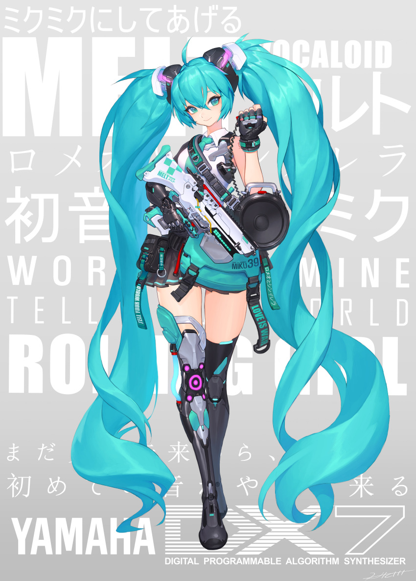 1girl, absurdly_long_hair, absurdres, ahoge, aqua_eyes, aqua_hair, aqua_neckwear, black_gloves, black_legwear, commentary, controller, cyborg, english_text, fingerless_gloves, full_body, gloves, gun, hair_between_eyes, hatsune_miku, headgear, hichi, highres, holding, holding_gun, holding_weapon, long_hair, mechanical_arm, mechanical_leg, military_operator, mixed-language_commentary, necktie, pouch, public_address_system, remote_control, shirt, shoulder_tattoo, single_glove, single_thighhigh, sleeveless, sleeveless_shirt, smile, solo, song_name, speaker, submachine_gun, suspenders_hanging, tattoo, thigh-highs, translated, trigger_discipline, twintails, very_long_hair, vocaloid, weapon