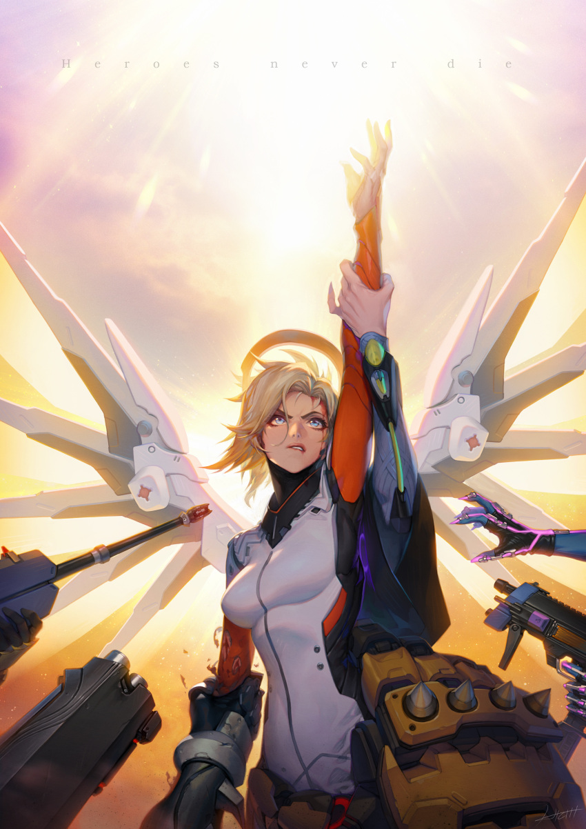 2boys, 4girls, absurdres, aiming, ana_(overwatch), arm_grab, arm_up, backlighting