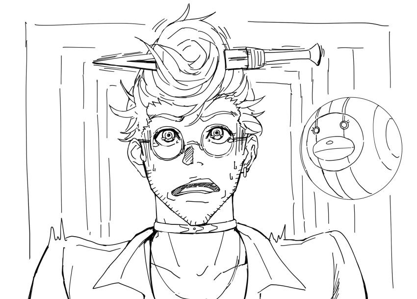 1boy, :o, akudama_drive, collar, facial_hair, glasses, greyscale, highres
