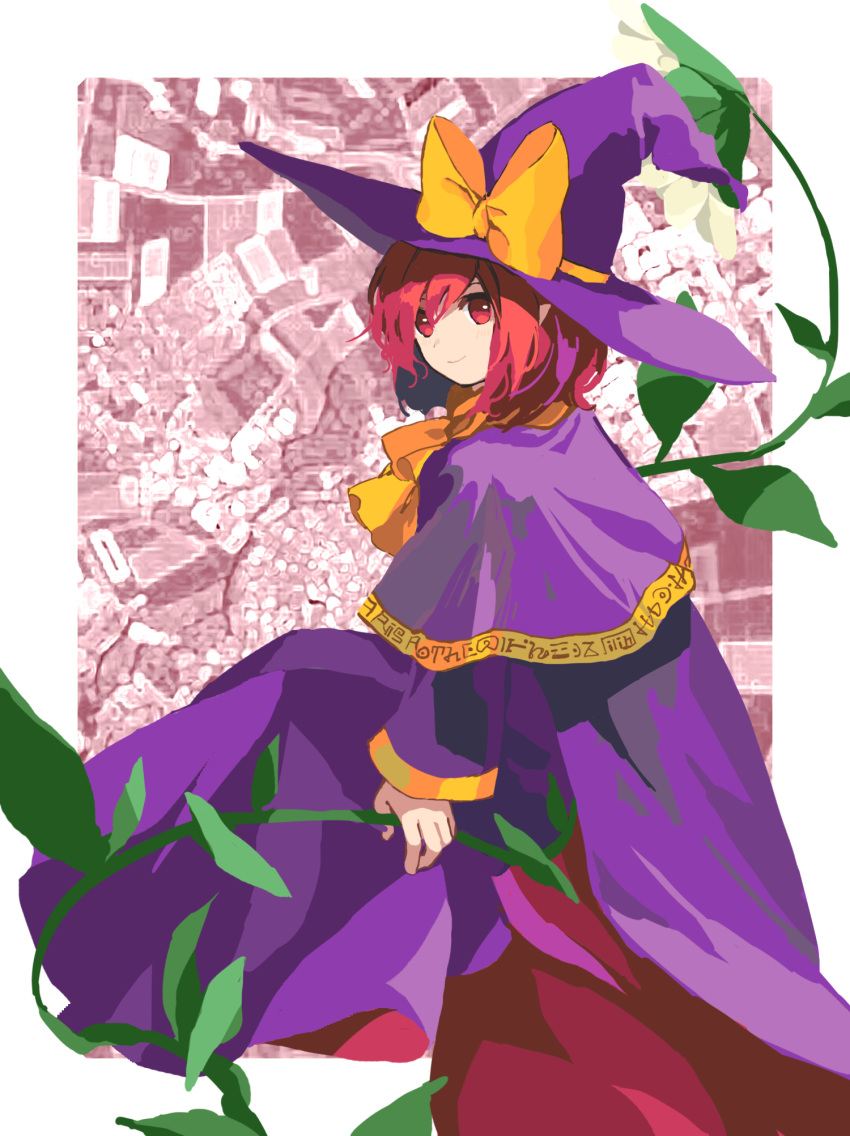 1girl, bangs, border, bow, closed_mouth, commentary_request, dress, flower