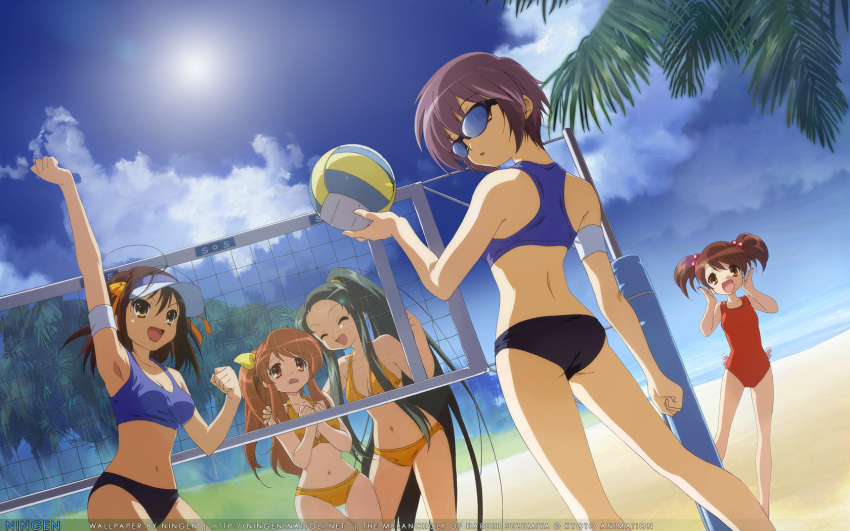 asahina_mikuru, ass, back, beach, beach_volleyball, bikini, closed_eyes, highres, ikeda_shouko, imouto, kyon_no_imouto, long_hair, nagato_yuki, ocean, official_art, ponytail, sky, sun, sunglasses, suzumiya_haruhi, suzumiya_haruhi_no_yuuutsu, swimsuit, tsuruya, very_long_hair, visor_cap, volleyball, wallpaper