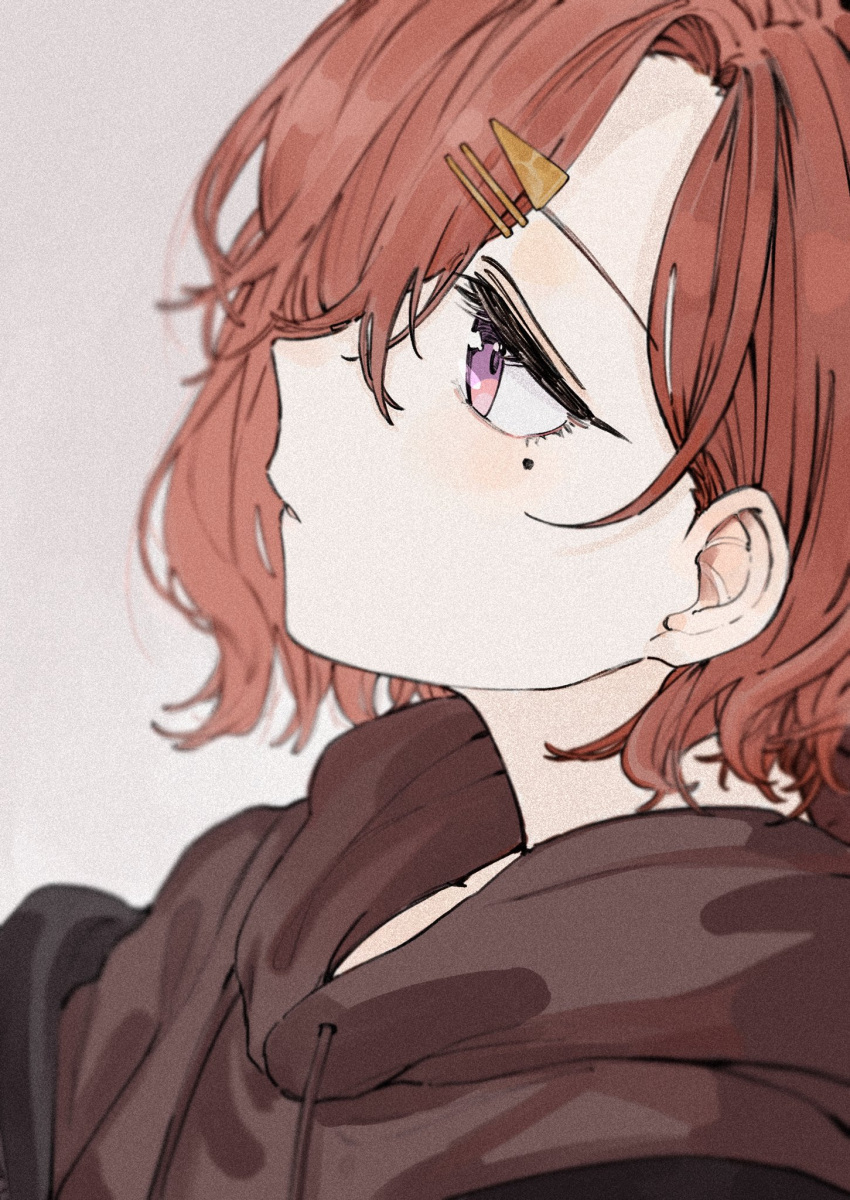 1girl, brown_hair, close-up, commentary_request, film_grain, from_side, hair_ornament, hair_over_one_eye