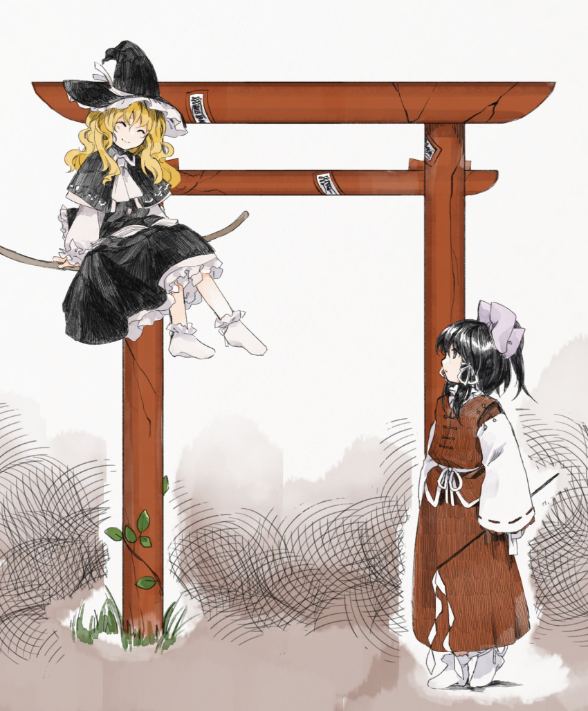 2girls, ^_^, black_dress, black_hair, blonde_hair, bow, broom, broom_riding, closed_eyes, closed_mouth, commentary_request, crack, cravat, detached_sleeves, dress, full_body, gohei, hair_bow, hair_ribbon, hakurei_reimu, hat, hat_ribbon, highres, holding, holding_stick, kaigen_1025, kirisame_marisa, long_hair, medium_hair, multiple_girls, ofuda, petticoat, ponytail, red_dress, ribbon, ribbon-trimmed_sleeves, ribbon_trim, sitting, smile, socks, standing, stick, torii, touhou, wavy_hair, white_background, white_bow, white_legwear, white_neckwear, white_ribbon, white_sleeves, witch_hat