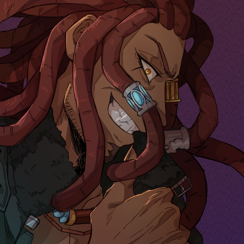 >:), 1boy, akudama_drive, brawler_(akudama_drive), brown_eyes, brown_hair, cco_chu, clenched_hand, dark_skin, dark_skinned_male, facial_hair, fur_trim, grin, hair_tubes, hairlocs, highres, long_hair, male_focus, open_clothes, purple_background, smile, solo, stubble, teeth, upper_body