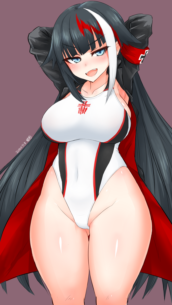 1girl, 2020, alternate_breast_size, alternate_costume, arms_behind_head, azur_lane, black_coat, black_hair