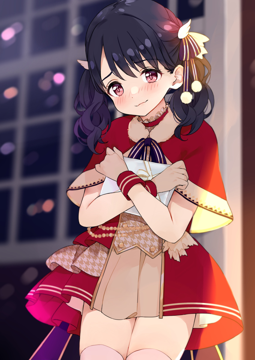 1girl, absurdres, black_hair, blurry, blurry_background, blush, capelet, commentary_request, dress, fukumaru_koito, gift, hair_bobbles, hair_ornament, hair_ribbon, highres, holding, holding_gift, hug, idolmaster, idolmaster_shiny_colors, looking_at_viewer, miniskirt, monon_tulle, red_dress, ribbon, short_dress, skirt, solo, thigh-highs, twintails, violet_eyes, white_legwear, wrist_cuffs, zettai_ryouiki