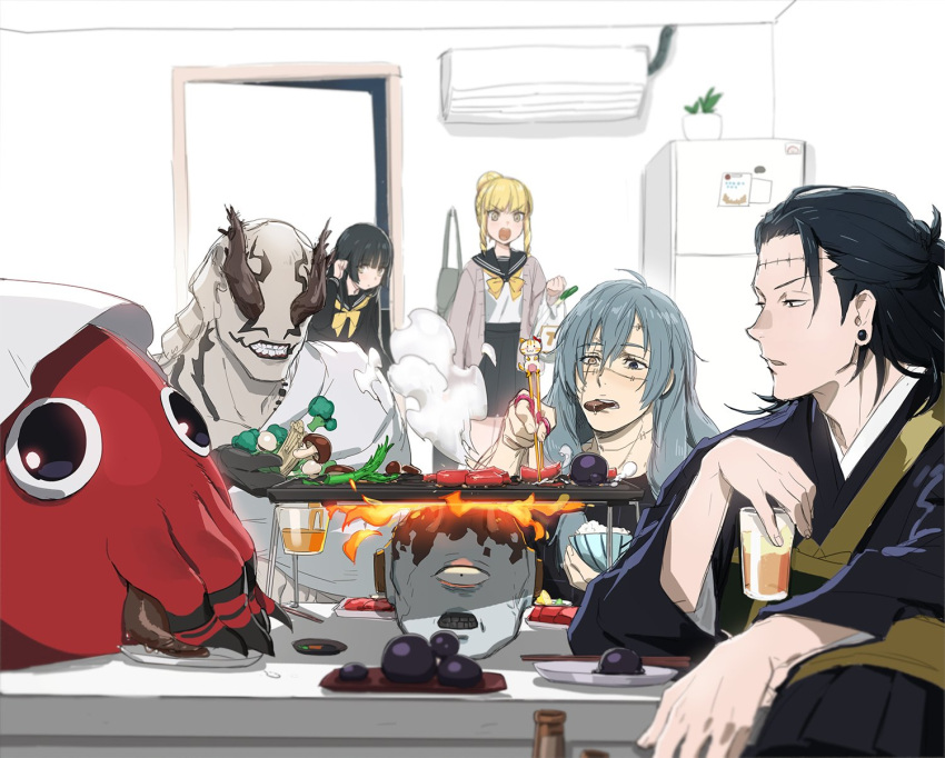 2boys, 2girls, bag, bangs, black_eyes, black_hair, black_kimono, black_shirt