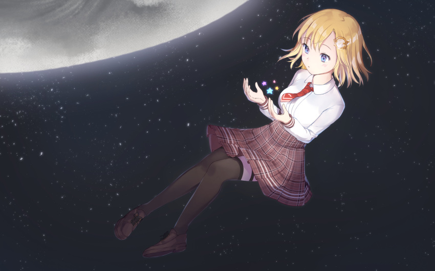 1girl, black_legwear, blonde_hair, blue_eyes, blush, breasts, brown_footwear, brown_skirt, collared_shirt, commentary, cross-laced_footwear, dress_shirt, english_commentary, floating, gear_hair_ornament, hair_between_eyes, highres, hololive, hololive_english, long_sleeves, medium_breasts, miniskirt, moon, necktie, no_hat, no_headwear, plaid, plaid_skirt, red_neckwear, shirt, shoes, short_hair, skirt, solo, space, star_(symbol), thigh-highs, virtual_youtuber, watson_amelia, white_shirt, wing_collar, yuikannon
