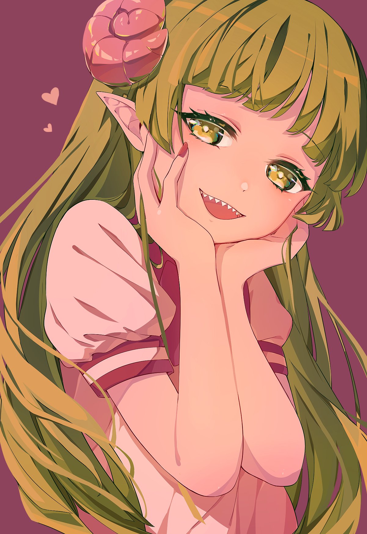 1girl, green_eyes, green_hair, hands_on_own_face, heart, highres, horns, long_hair