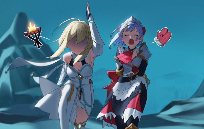 2girls, apron, arm_up, armor, armored_dress, ascot, bangs, bare_shoulders