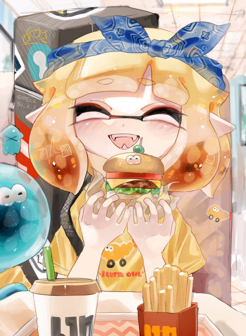 1girl, ^_^, artist_name, bag, bandana, bangs, black_bag, blonde_hair