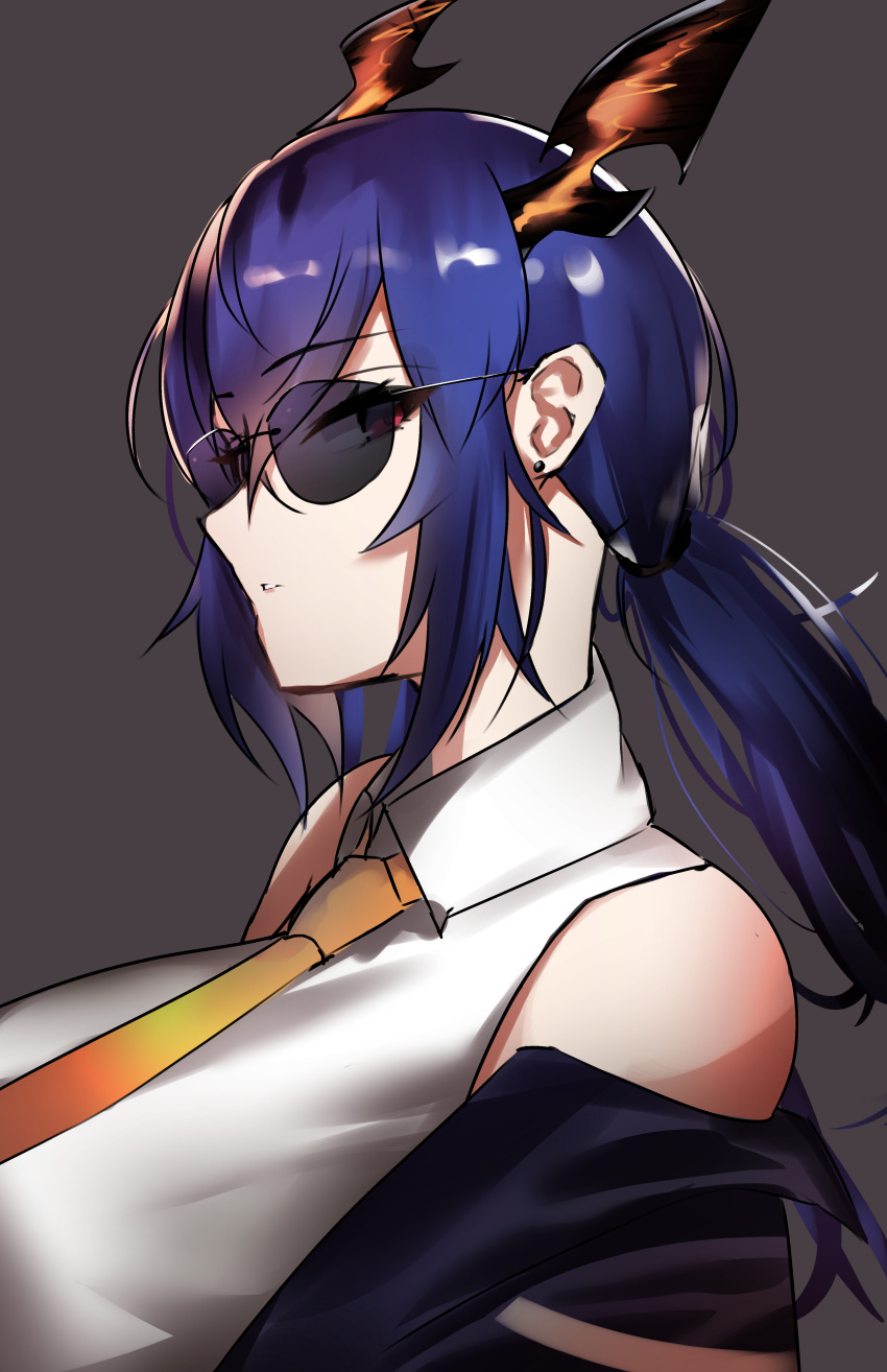 1girl, absurdres, arknights, bangs, blue_hair, breasts, ch'en_(arknights), dragon_horns
