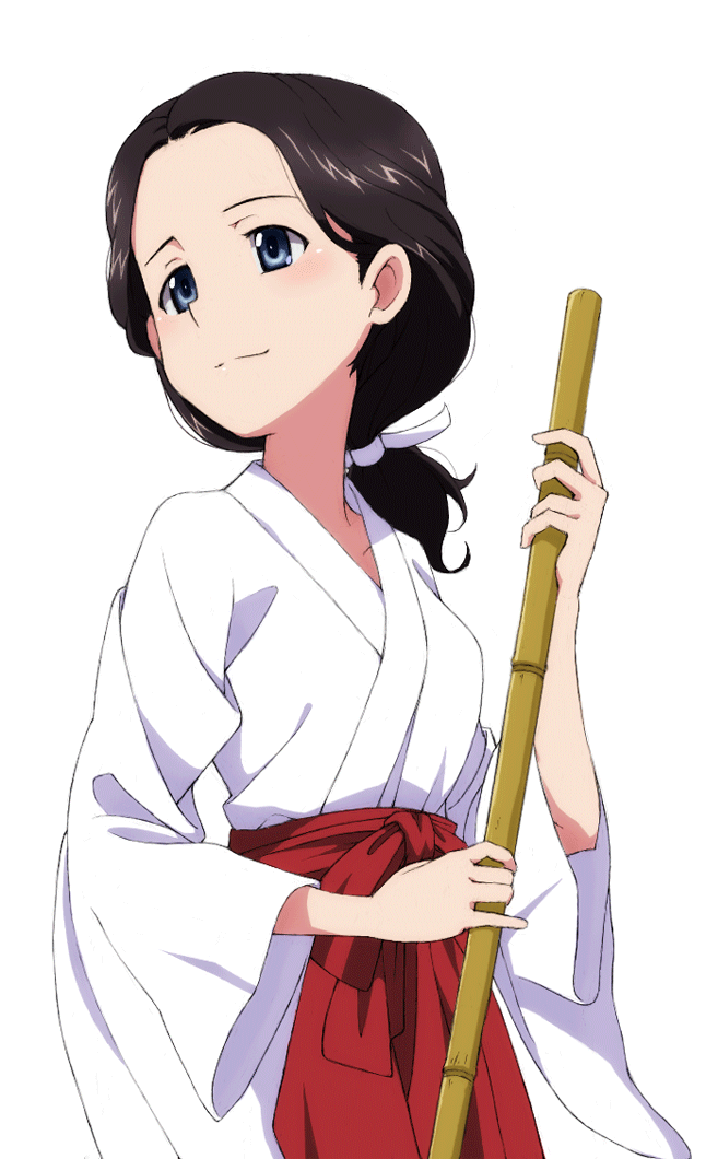 1girl, alternate_costume, black_eyes, black_hair, broom, closed_mouth, commentary, girls_und_panzer