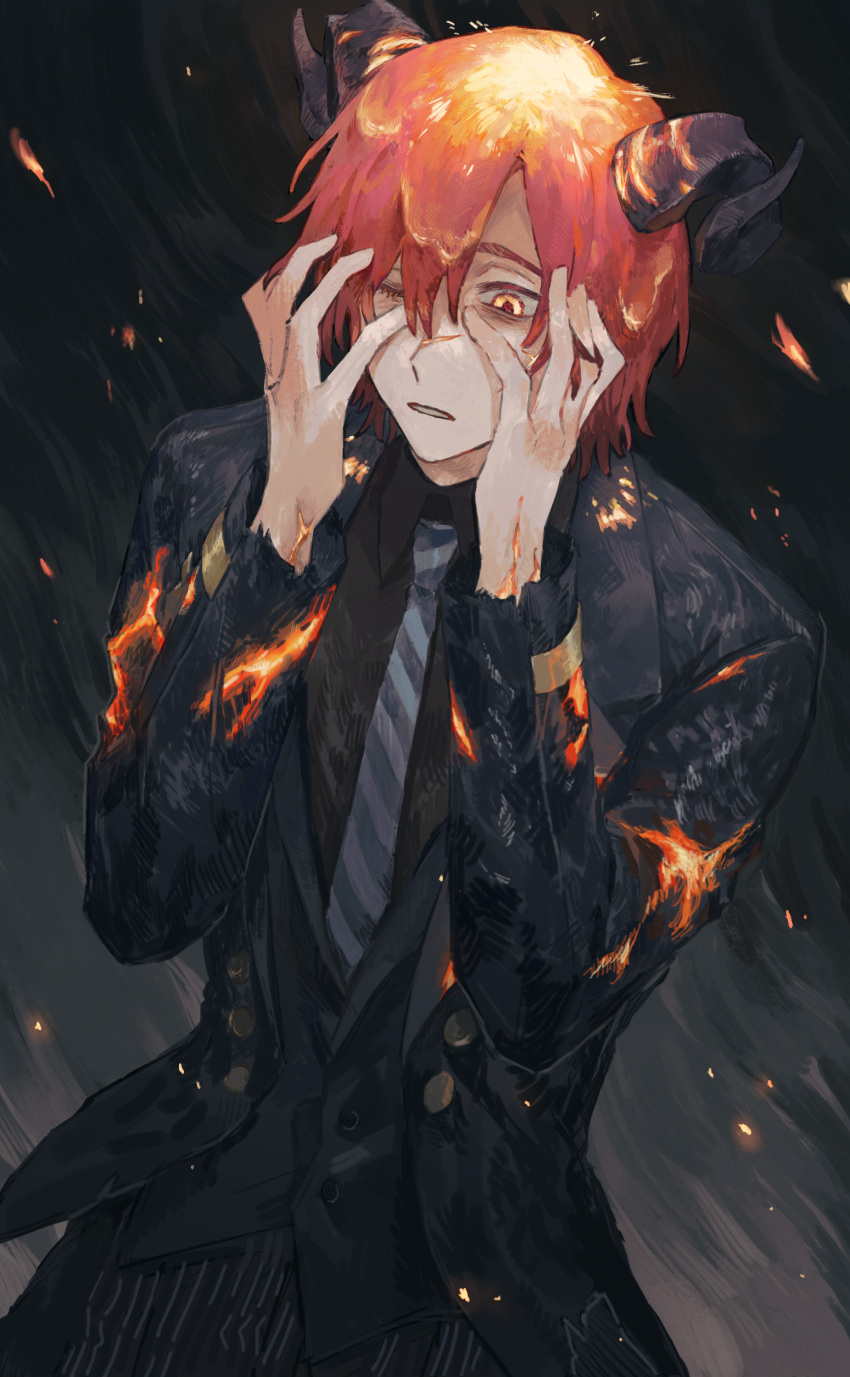 1boy, absurdres, alternate_costume, alternate_eye_color, alternate_hair_color, andrew_kreiss, black_shirt, coattails, collared_shirt, colored_eyelashes, curled_horns, demon_boy, embers, fiery_hair, film_grain, fire, formal, hands_on_own_cheeks, hands_on_own_face, highres, horns, identity_v, inupicnic, long_sleeves, male_focus, necktie, one_eye_closed, orange_eyes, parted_lips, redhead, scar, scar_on_cheek, scar_on_face, scar_on_nose, shirt, short_hair, solo, striped, striped_neckwear, suit, torn_clothes, vertical_stripes, vest