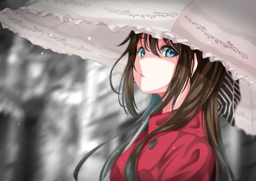 1girl, absurdres, bangs, blue_eyes, bow, brown_hair, coat, from_side