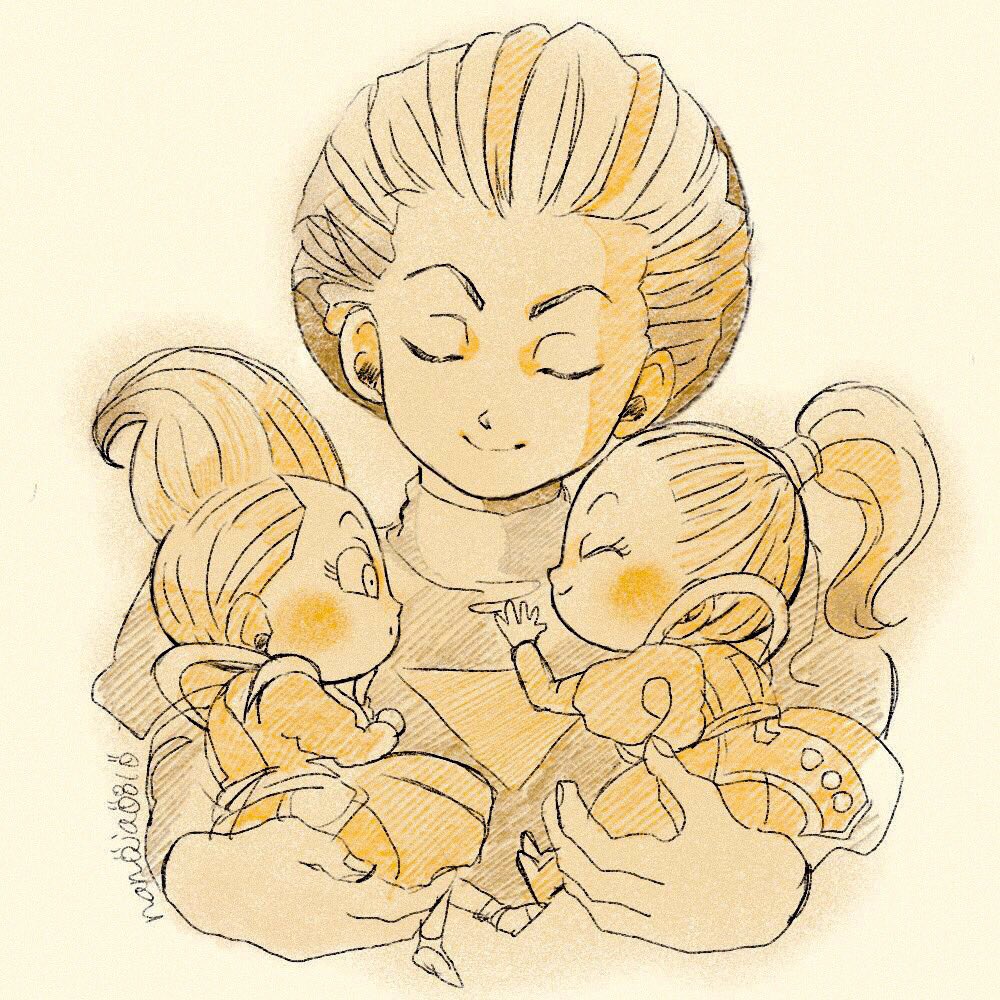 1girl, 2boys, ^_^, baby, beige_background, brother_and_sister, closed_eyes, closed_mouth, commentary_request, cropped_torso, daishinkan, dragon_ball, dragon_ball_super, dress, eyelashes, facing_away, facing_viewer, father_and_daughter, father_and_son, fingernails, hair_slicked_back, hand_on_another's_chest, high_collar, high_ponytail, holding, juliet_sleeves, light_blush, light_smile, long_dress, long_sleeves, looking_at_another, monochrome, multiple_boys, nanoja, orange_theme, parted_lips, profile, puffy_sleeves, siblings, simple_background, twitter_username, vados_(dragon_ball), whis, yellow_theme, younger