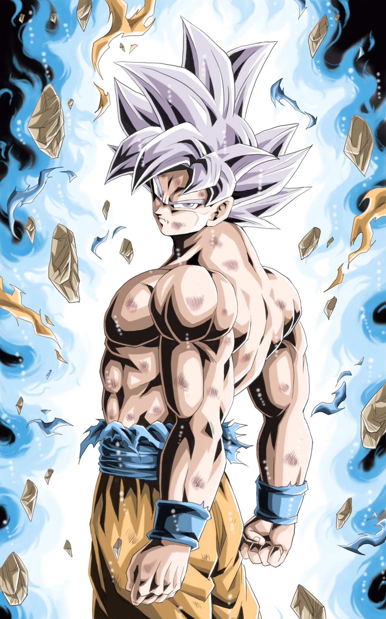 1boy, abs, arms_at_sides, aura, clenched_hands, commentary_request, dark_background, dirty