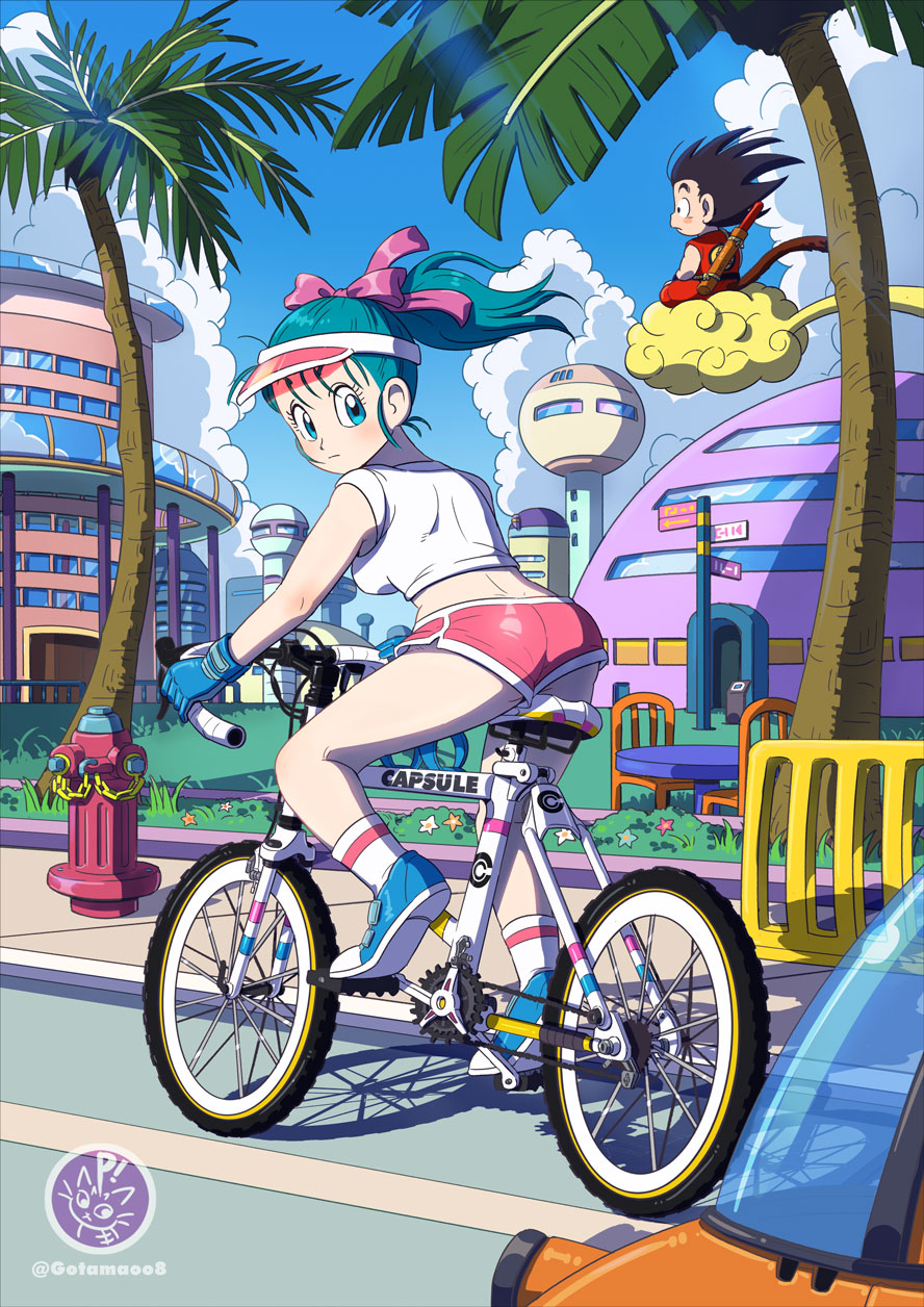 1boy, 1girl, ass, bicycle, black_hair, blue_eyes, blue_flower, blue_footwear