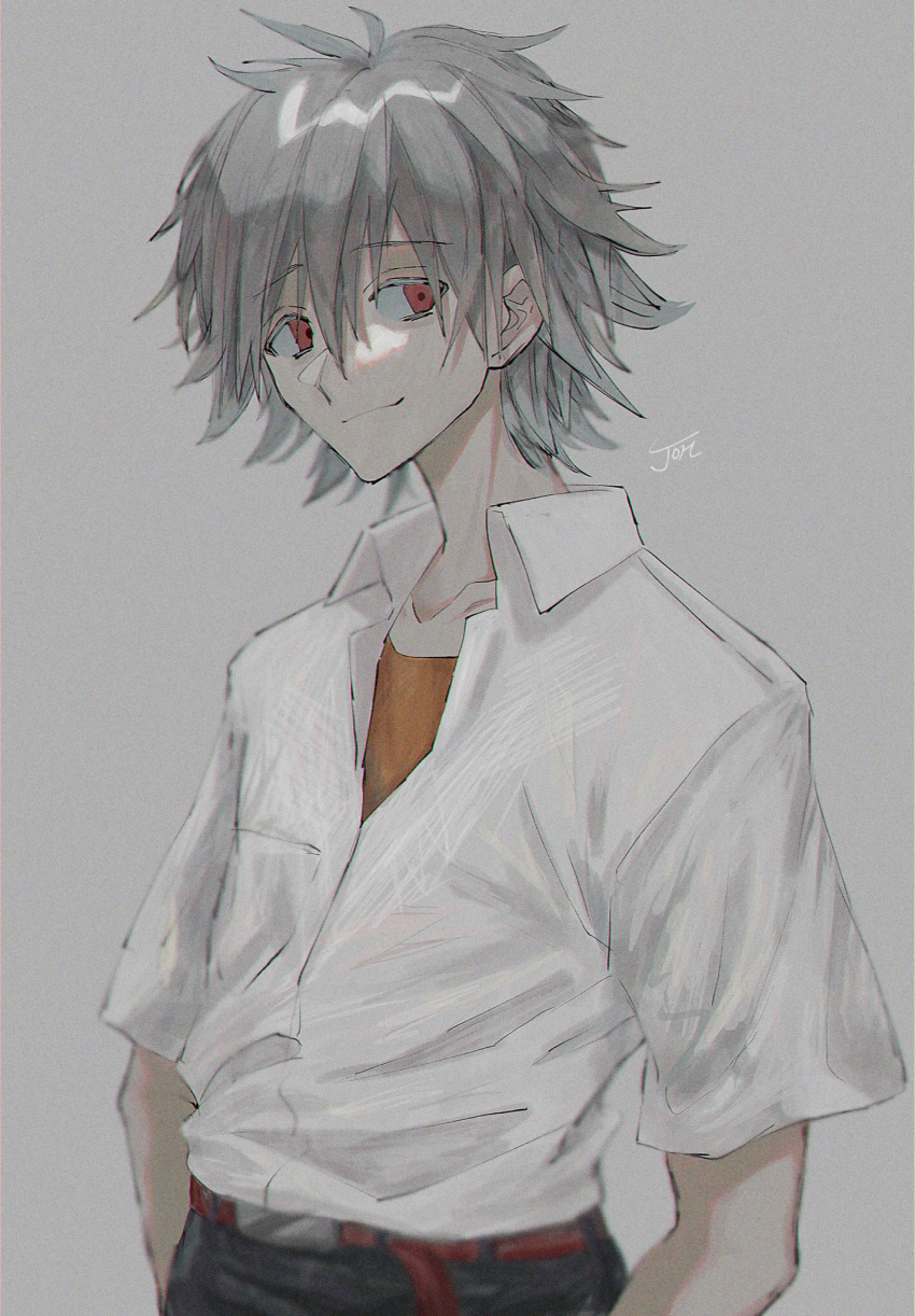 1boy, bangs, black_pants, collared_shirt, eyebrows_visible_through_hair, grey_background, grey_hair, hair_between_eyes