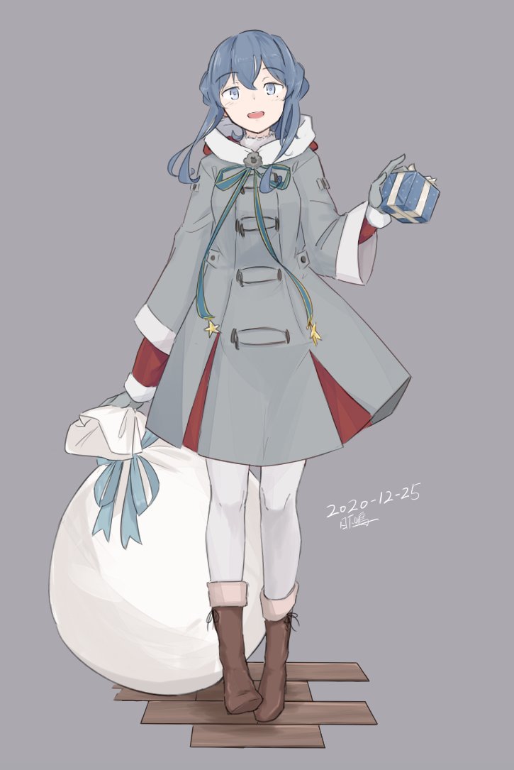 1girl, bangs, blue_eyes, blue_hair, boots, box, brown_footwear, christmas, coat, dated, fur_trim, gift, gift_box, gloves, gotland_(kantai_collection), grey_background, grey_coat, grey_gloves, holding, holding_gift, holding_sack, hood, hood_down, kantai_collection, kusakasima, mole, mole_under_eye, open_mouth, pantyhose, sack, sidelocks, signature, simple_background, solo, walking, white_legwear