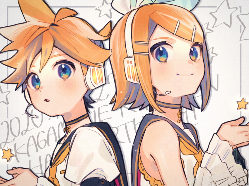 1boy, 1girl, :o, anniversary, bangs, black_sailor_collar, blonde_hair, blue_eyes, bow, character_name, choker, commentary, detached_sleeves, frilled_sleeves, frills, hair_bow, hair_ornament, hairclip, headphones, headset, highres, kagamine_len, kagamine_rin, kouhara_yuyu, musical_note, neckerchief, sailor_collar, school_uniform, serafuku, short_hair, siblings, smile, star_(symbol), twins, upper_body, vocaloid, white_bow, yellow_neckwear