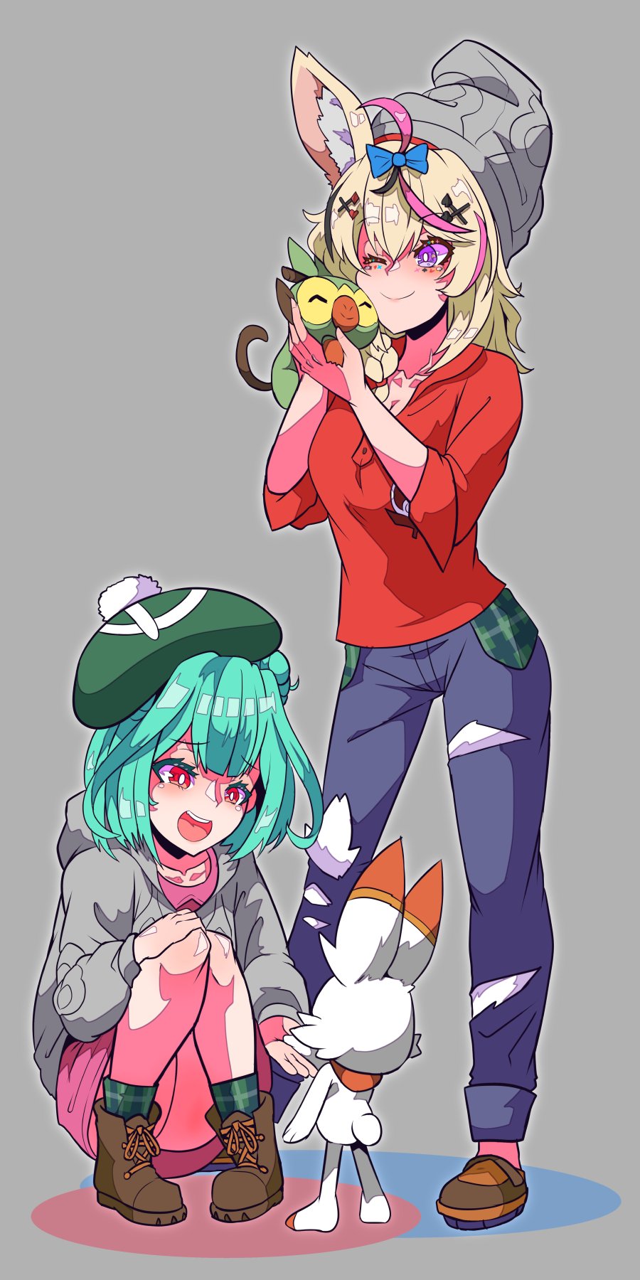 2girls, aikohgin, animal_ear_fluff, animal_ears, bangs, beanie, breasts, cosplay
