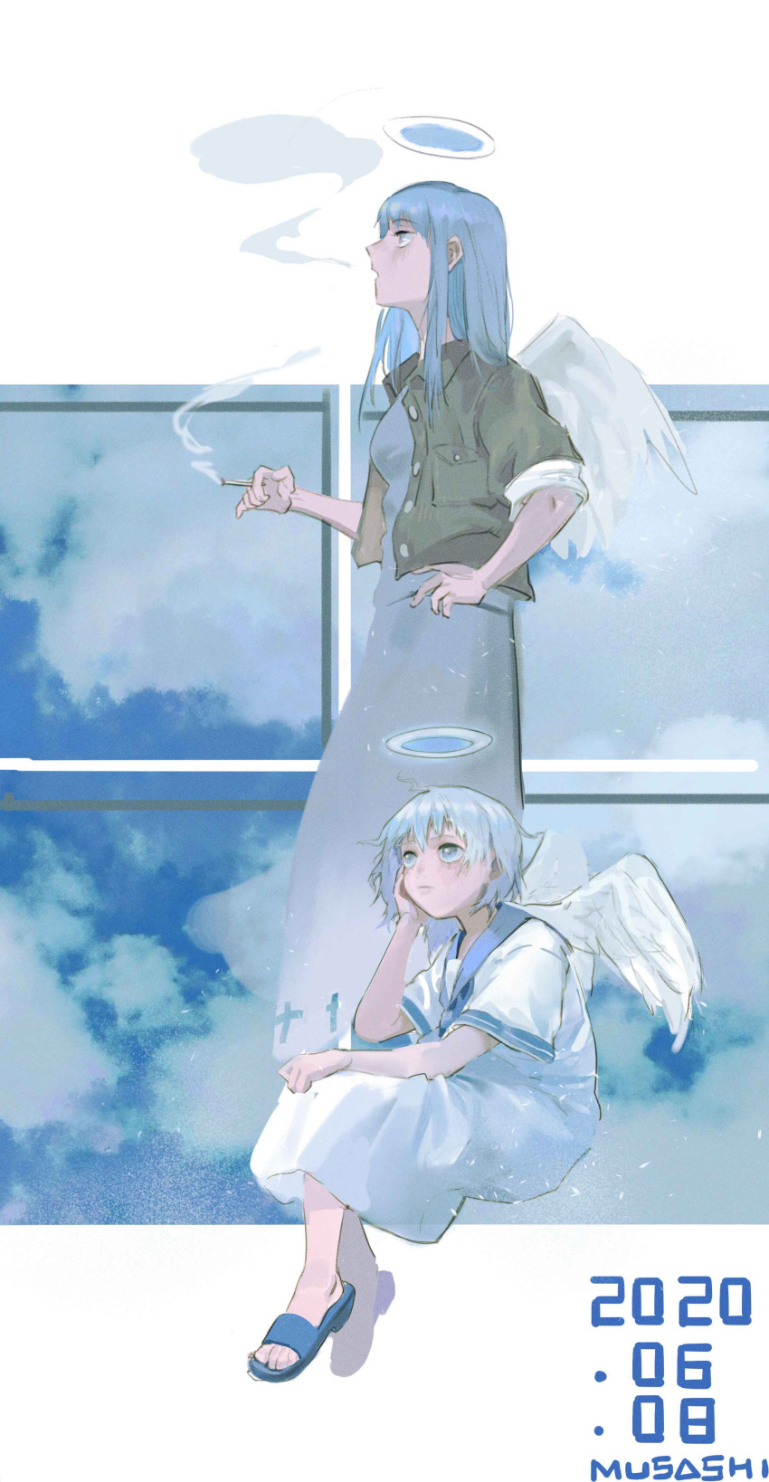 2girls, absurdres, alternate_hair_color, angel_wings, bangs, blue_eyes, blue_footwear, blue_hair, blue_sailor_collar, brown_jacket, collared_jacket, dated, dress, haibane_renmei, highres, jacket, limited_palette, long_hair, multiple_girls, musashi_(13652339978), profile, rakka, reki, sailor_collar, sandals, short_hair, short_sleeves, signature, sitting, smoke, smoking, white_dress, wings