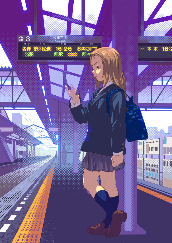 brown_eyes, brown_hair, cardigan, cellphone, halftone, loafers, long_hair, nishi