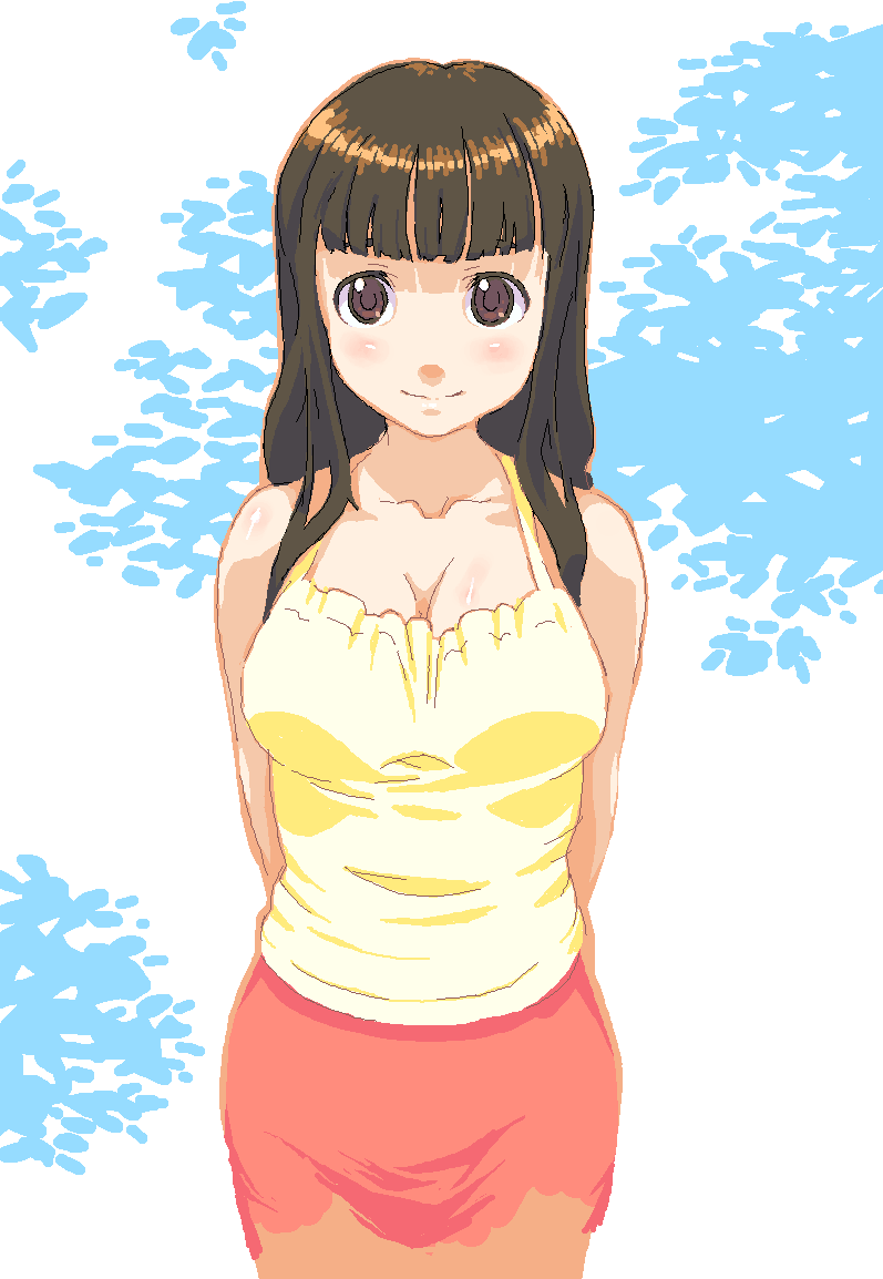 brown_eyes, brown_hair, casual, cleavage, long_hair, nishi, sakenotorii, smile