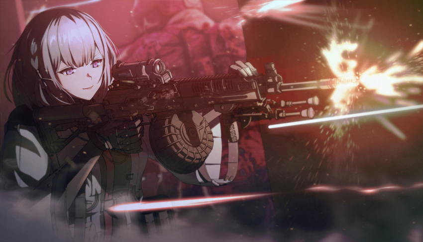 1girl, bangs, behalter, black_gloves, breasts, firing, girls_frontline, gloves