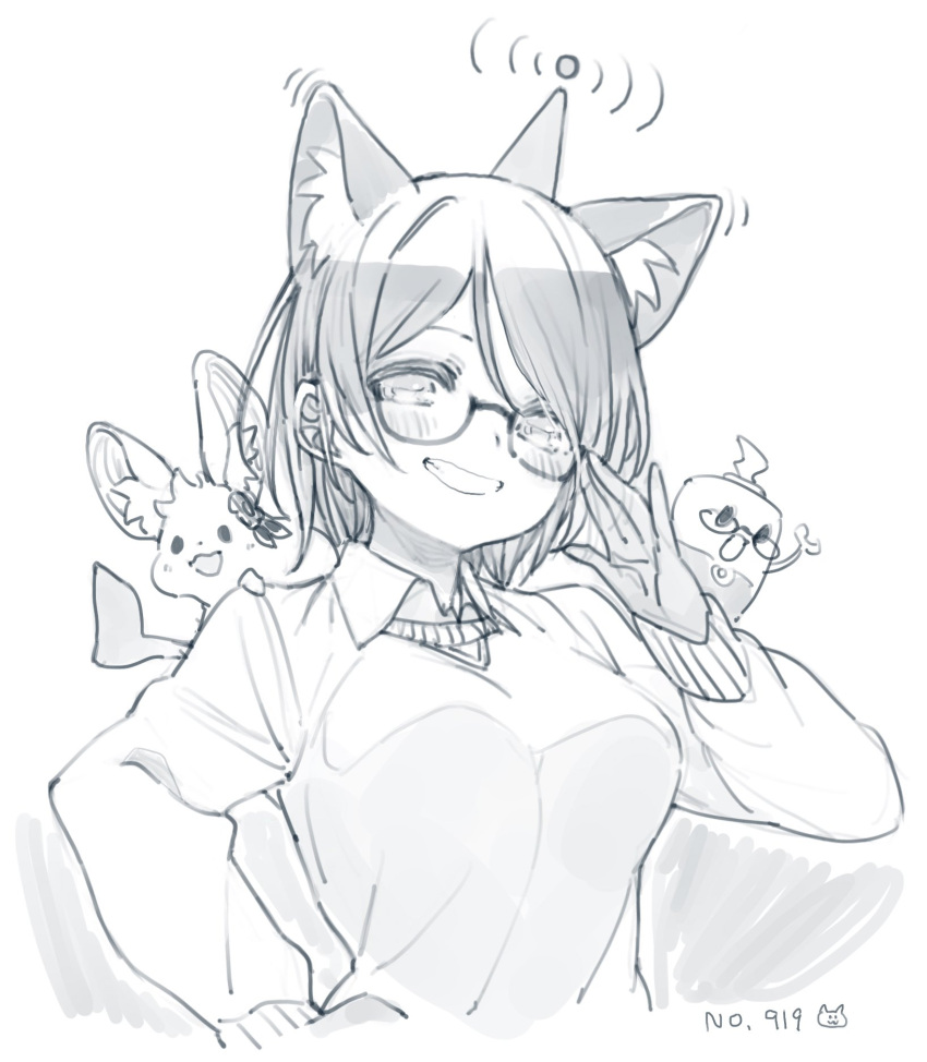 1girl, animal, animal_ear_fluff, animal_ears, bangs, breasts, glasses, greyscale