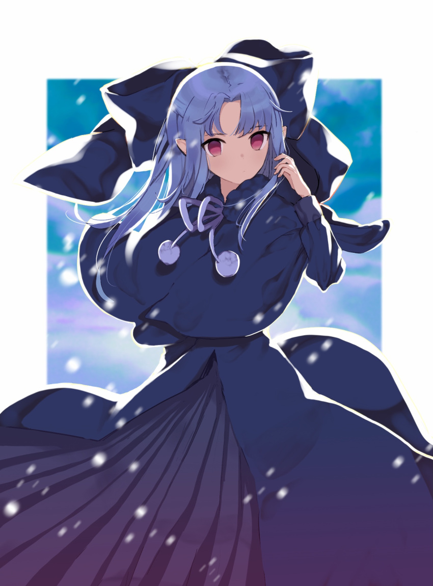1girl, bangs, blue_bow, blue_capelet, blue_dress, blue_hair, bow, capelet