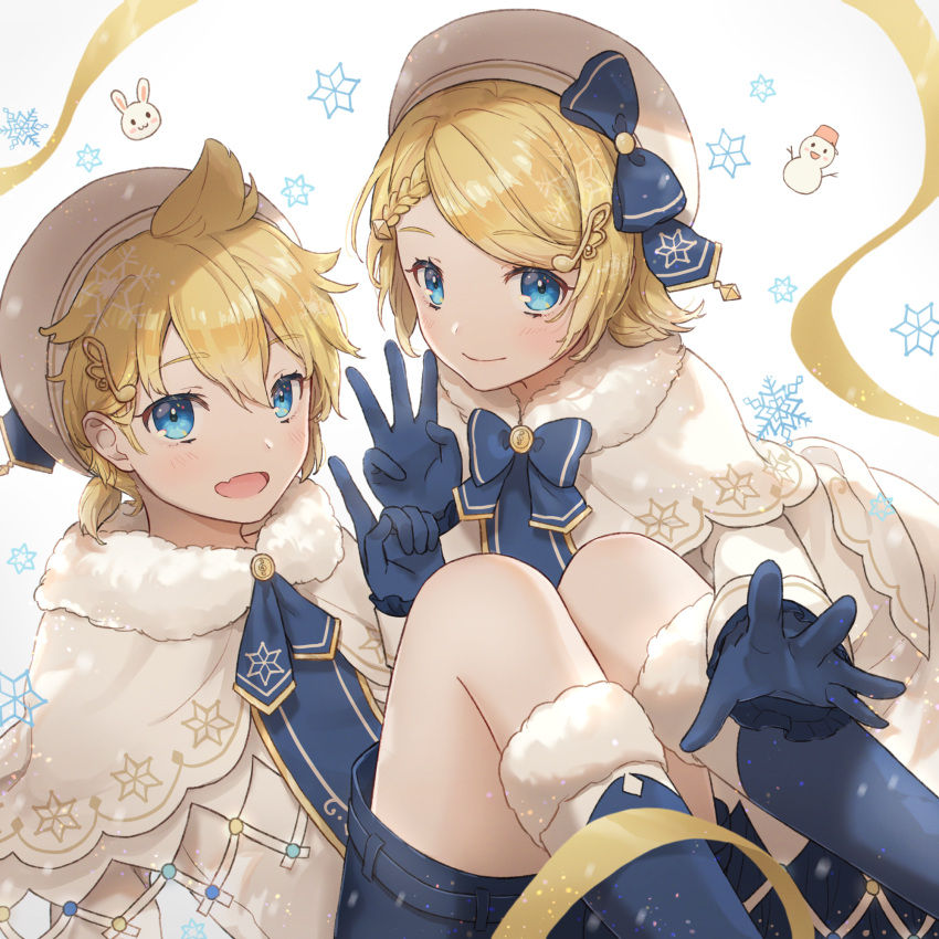 1boy, 1girl, :d, ashika_(yftcc948), bangs, beret, blonde_hair, blue_bow