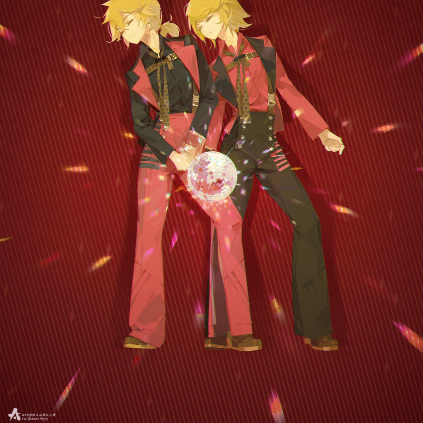 1boy, 1girl, a-shacho, bangs, black_pants, black_shirt, blonde_hair, brown_footwear