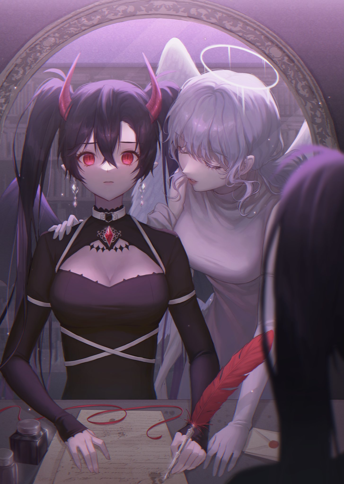2girls, angel, angel_wings, black_hair, breasts, closed_eyes, demon_girl, demon_horns