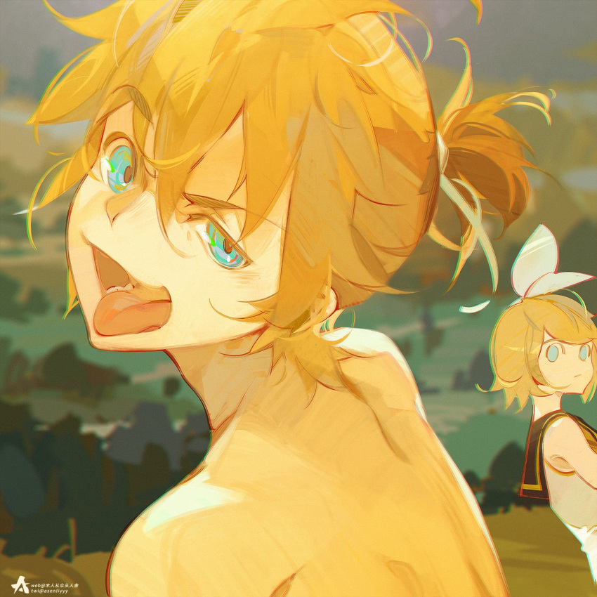 1boy, 1girl, a-shacho, bangs, black_sailor_collar, blonde_hair, blue_eyes, blurry
