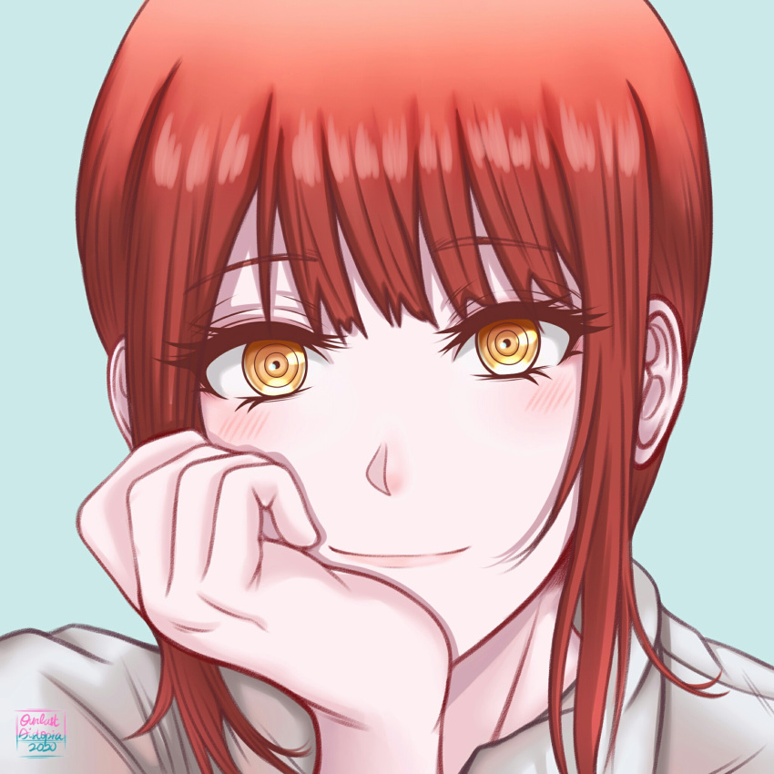 1girl, bangs, blue_background, blush, chainsaw_man, commentary, eve_(pixiv25240695), eyelashes