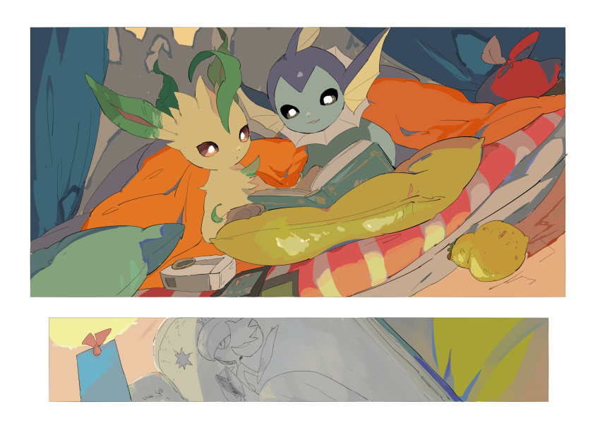 :3, apios1, bag, berry_(pokemon), black_sclera, blanket, book, bookmark