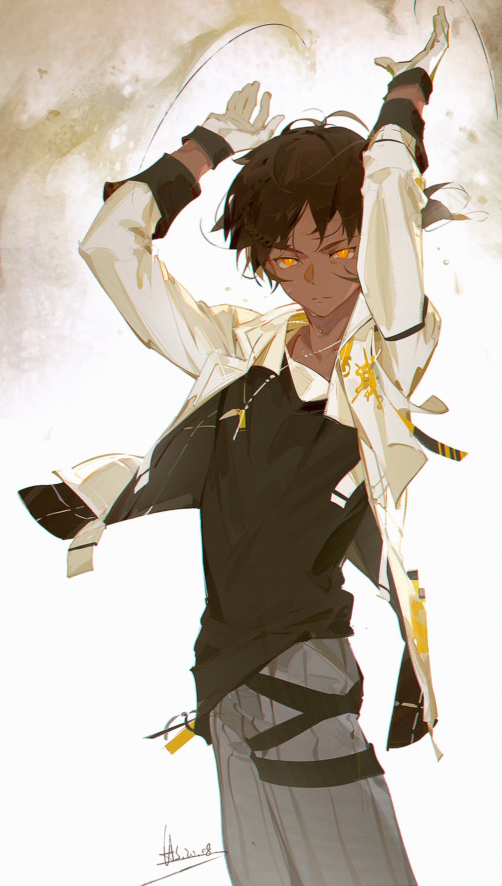 1boy, a-shacho, arknights, arms_up, bangs, black_hair, black_shirt, closed_mouth