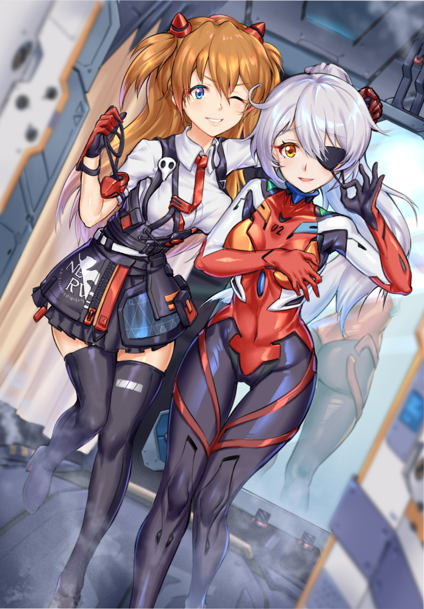 2girls, absurdres, ass, black_skirt, blue_eyes, blush, breasts, brown_hair, cosplay, covered_navel, eyepatch, gloves, grey_hair, highres, honkai_(series), honkai_impact_3rd, interface_headset, kiana_kaslana, kiana_kaslana_(cosplay), long_hair, looking_at_viewer, medium_breasts, multiple_girls, necktie, neon_genesis_evangelion, one_eye_closed, plugsuit, ponytail, red_gloves, red_neckwear, reflection, short_hair, sirills, skirt, souryuu_asuka_langley, souryuu_asuka_langley_(cosplay), thigh-highs, thigh_gap, thighs, zettai_ryouiki