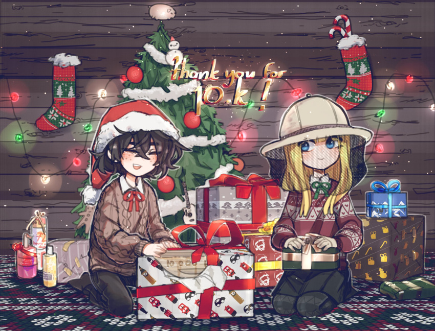 2girls, :d, aran_sweater, bangs, beehive, beekeeping_hat, black_hair, black_pants, black_skirt, blind_girl_(popopoka), blonde_hair, blue_eyes, brown_sweater, bully_girl_(popopoka), candy, candy_cane, christmas, christmas_ornaments, christmas_stocking, christmas_tree, closed_eyes, closed_mouth, commentary, crossed_bangs, english_commentary, food, freckles, gloves, grey_legwear, hat, highres, holding, kneeling, long_sleeves, milestone_celebration, multiple_girls, neck_ribbon, open_mouth, original, pants, pantyhose, popopoka, red_neckwear, red_ribbon, ribbon, santa_hat, seiza, shampoo_bottle, shoes, sitting, skirt, smile, soap_bottle, striped, striped_legwear, sweater, thank_you, white_gloves